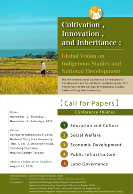 【Call for Papers】The 6th International Conference on Indigenous Development and Social Work: Celebrating the 25th Anniversary of the College of Indigenous Studies, National Dong Hwa University圖片(另開新視窗)